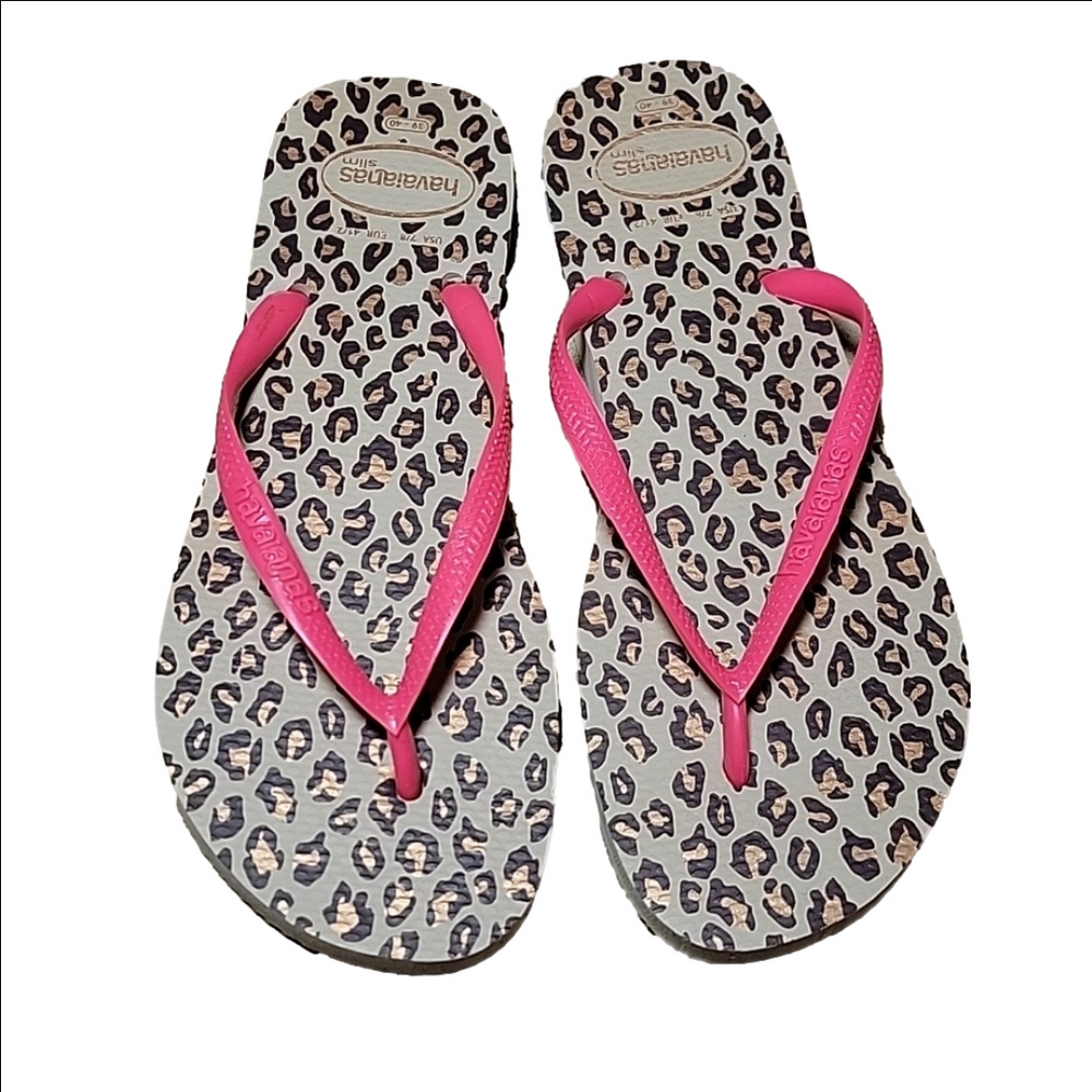 Havaianas Slim Hot Pink & Leopard Flip Flops Size 7/8 NWOT